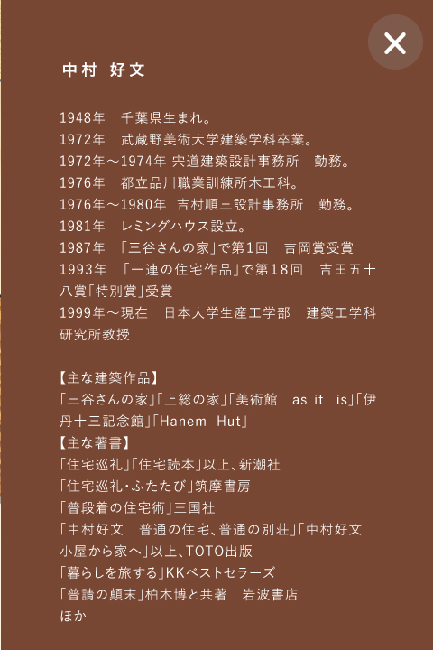 中村 好文 1948年　千葉県生まれ。
1972年　武蔵野美術大学建築学科卒業。
1972年～1974年 宍道建築設計事務所　勤務。
1976年　都立品川職業訓練所木工科。
1976年～1980年  吉村順三設計事務所　勤務。
1981年　レミングハウス設立。
1987年　「三谷さんの家」で第１回　吉岡賞受賞
1993年　「一連の住宅作品」で第１８回　吉田五十八賞「特別賞」受賞
1999年～現在　日本大学生産工学部  建築工学科研究所教授

【主な建築作品】
「三谷さんの家」「上総の家」「美術館　as it  is」「伊丹十三記念館」「Hanem  Hut」
【主な著書】　
「住宅巡礼」「住宅読本」以上、新潮社
「住宅巡礼・ふたたび」筑摩書房
「普段着の住宅術」王国社
「中村好文　普通の住宅、普通の別荘」「中村好文　小屋から家へ」以上、TOTO出版
「暮らしを旅する」KKベストセラーズ　
「普請の顛末」柏木博と共著　岩波書店
ほか
